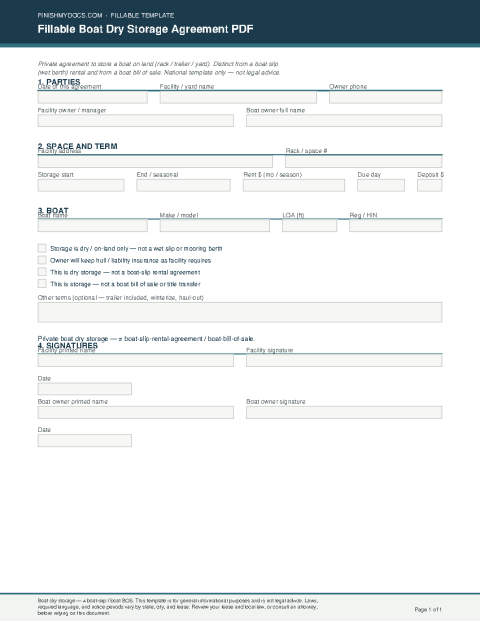Fillable Boat Dry Storage Agreement PDF preview thumbnail