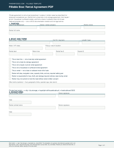 Fillable Boat Rental Agreement PDF preview thumbnail