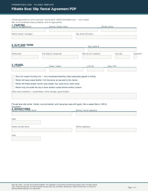 Fillable Boat Slip Rental Agreement PDF preview thumbnail