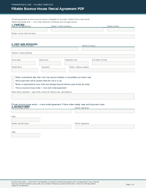 Fillable Bounce House Rental Agreement PDF preview thumbnail