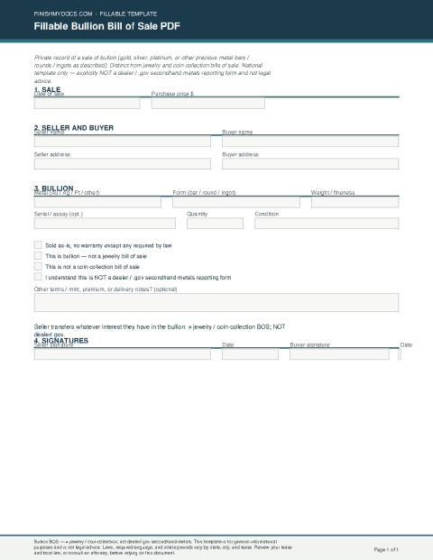 Fillable Bullion Bill of Sale PDF preview thumbnail