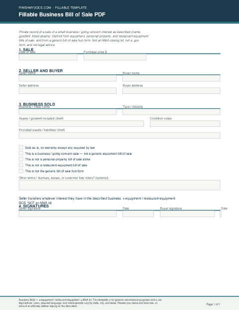 Fillable Business Bill of Sale PDF preview thumbnail