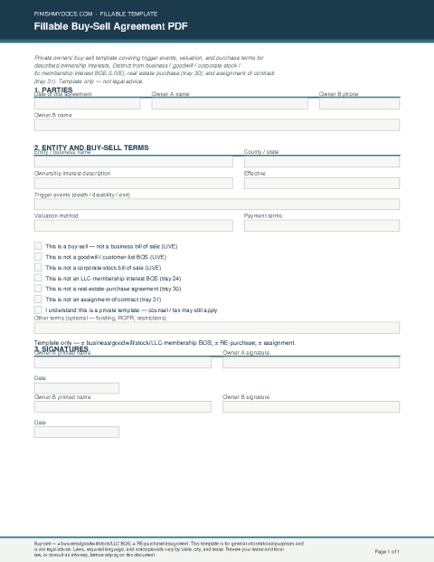 Fillable Buy-Sell Agreement PDF preview thumbnail