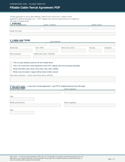 Fillable Cabin Rental Agreement PDF preview thumbnail