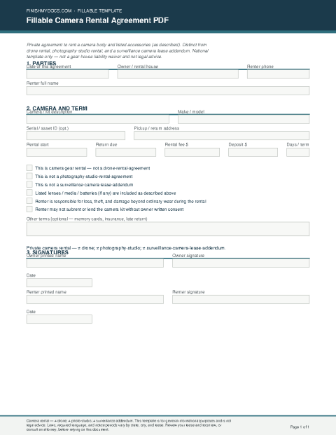 Fillable Camera Rental Agreement PDF preview thumbnail