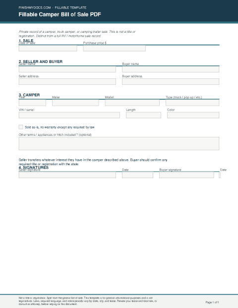 Fillable Camper Bill of Sale PDF preview thumbnail