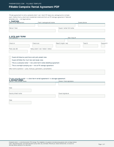 Fillable Campsite Rental Agreement PDF preview thumbnail