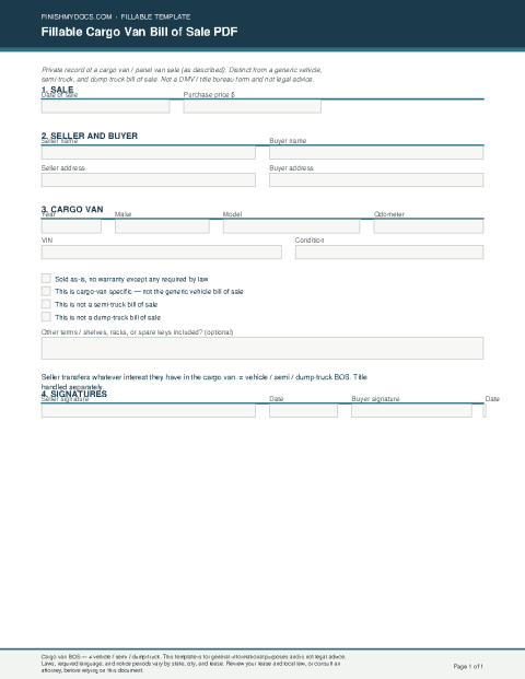 Fillable Cargo Van Bill of Sale PDF preview thumbnail
