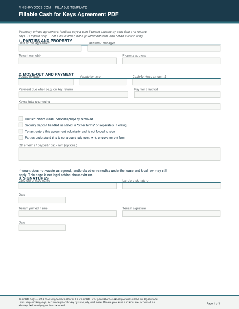 Fillable Cash for Keys Agreement PDF preview thumbnail
