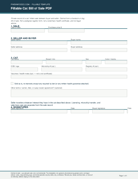 Fillable Cat Bill of Sale PDF preview thumbnail