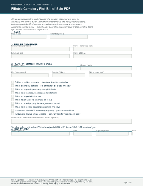 Fillable Cemetery Plot Bill of Sale PDF preview thumbnail