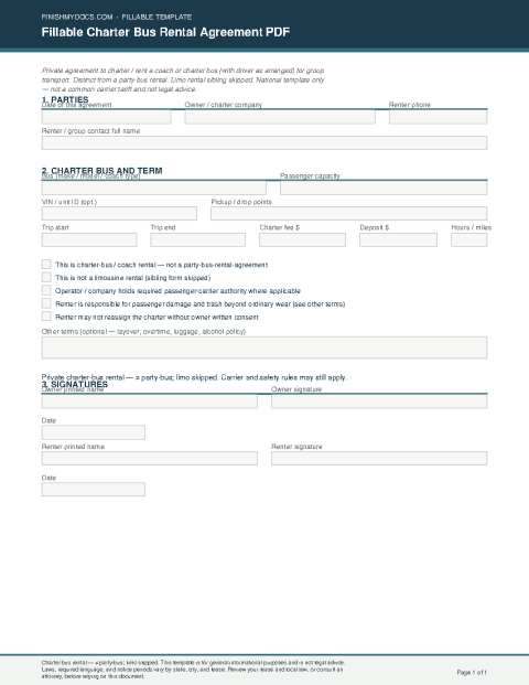 Fillable Charter Bus Rental Agreement PDF preview thumbnail