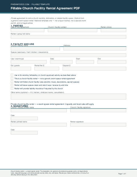 Fillable Church Facility Rental Agreement PDF preview thumbnail
