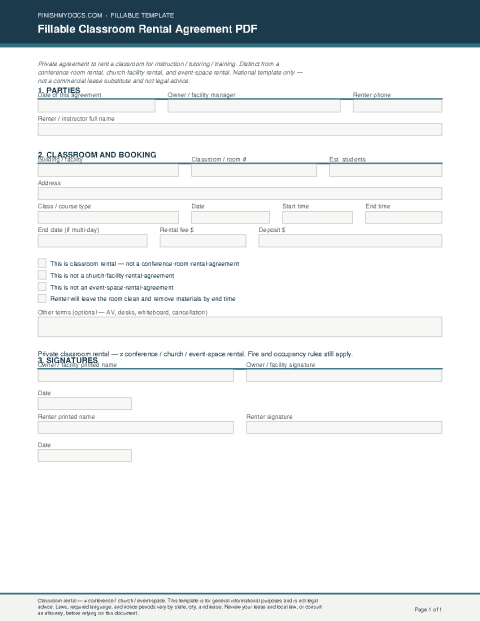 Fillable Classroom Rental Agreement PDF preview thumbnail