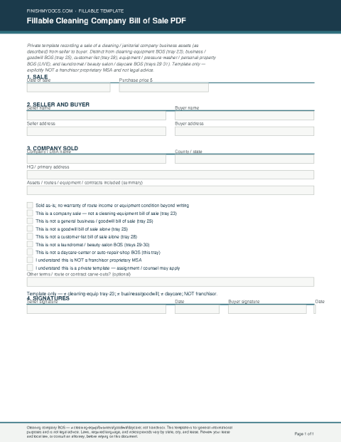 Fillable Cleaning Company Bill of Sale PDF preview thumbnail