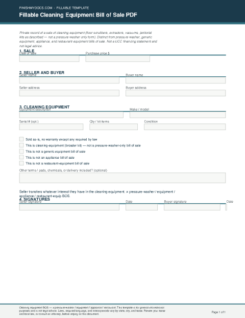 Fillable Cleaning Equipment Bill of Sale PDF preview thumbnail