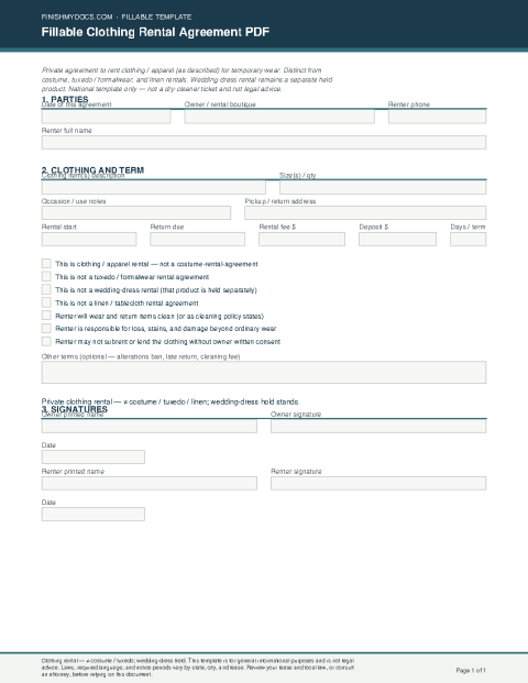 Fillable Clothing Rental Agreement PDF preview thumbnail