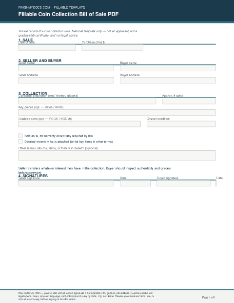 Fillable Coin Collection Bill of Sale PDF preview thumbnail