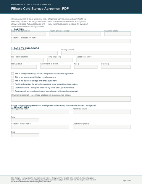 Fillable Cold Storage Agreement PDF preview thumbnail