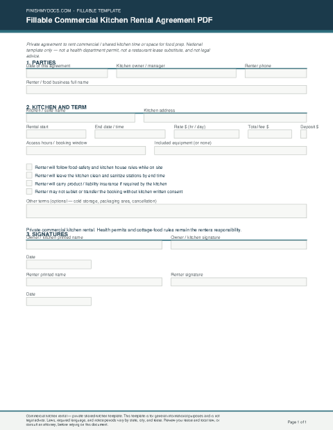 Fillable Commercial Kitchen Rental Agreement PDF preview thumbnail