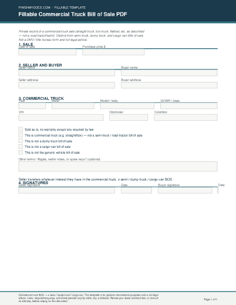 Fillable Commercial Truck Bill of Sale PDF preview thumbnail