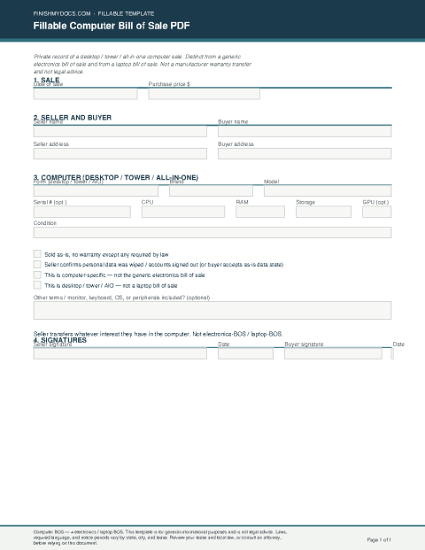 Fillable Computer Bill of Sale PDF preview thumbnail