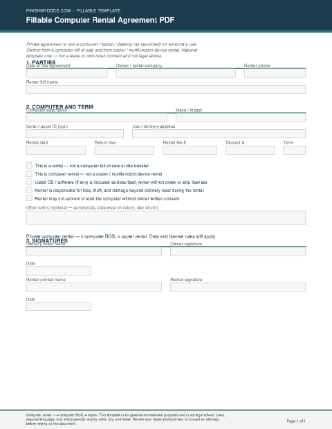 Fillable Computer Rental Agreement PDF preview thumbnail
