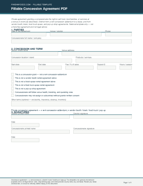 Fillable Concession Agreement PDF preview thumbnail