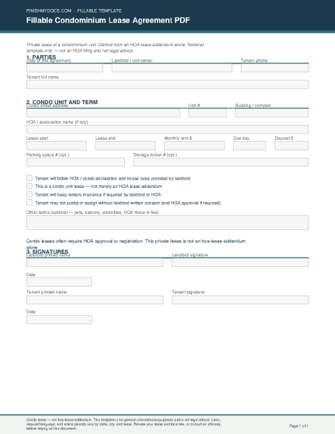 Fillable Condominium Lease Agreement PDF preview thumbnail