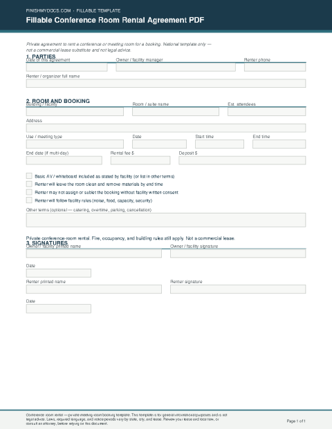 Fillable Conference Room Rental Agreement PDF preview thumbnail