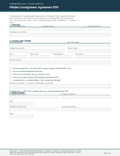 Fillable Consignment Agreement PDF preview thumbnail