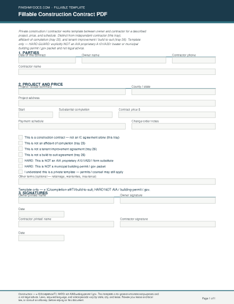 Fillable Construction Contract PDF preview thumbnail