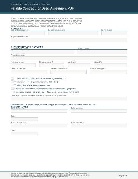 Fillable Contract for Deed Agreement PDF preview thumbnail