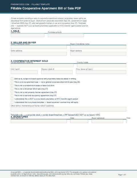 Fillable Cooperative Apartment Bill of Sale PDF preview thumbnail