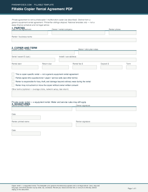 Fillable Copier Rental Agreement PDF preview thumbnail
