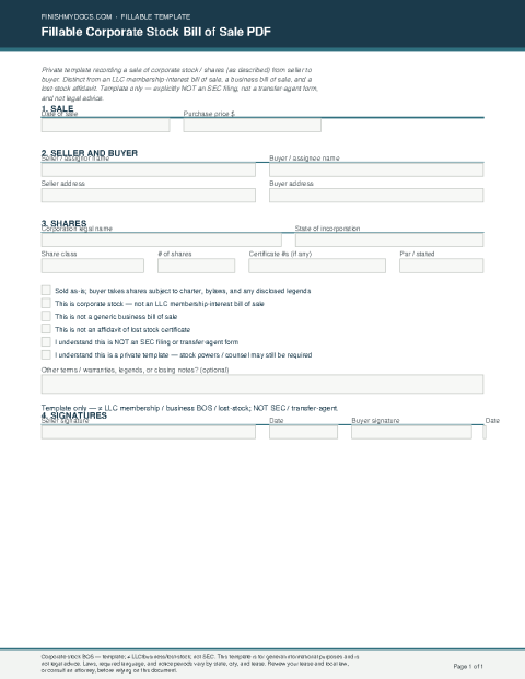 Fillable Corporate Stock Bill of Sale PDF preview thumbnail