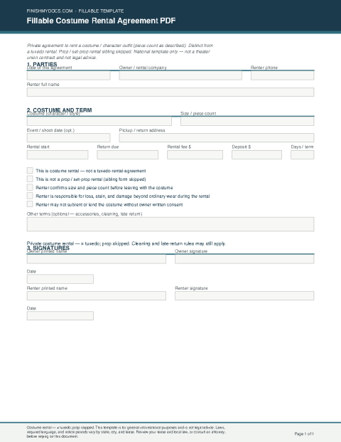 Fillable Costume Rental Agreement PDF preview thumbnail