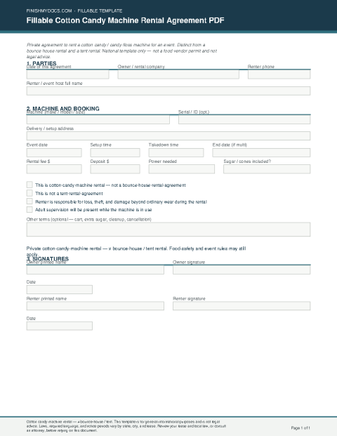 Fillable Cotton Candy Machine Rental Agreement PDF preview thumbnail