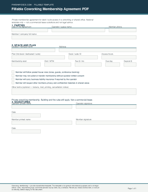 Fillable Coworking Membership Agreement PDF preview thumbnail