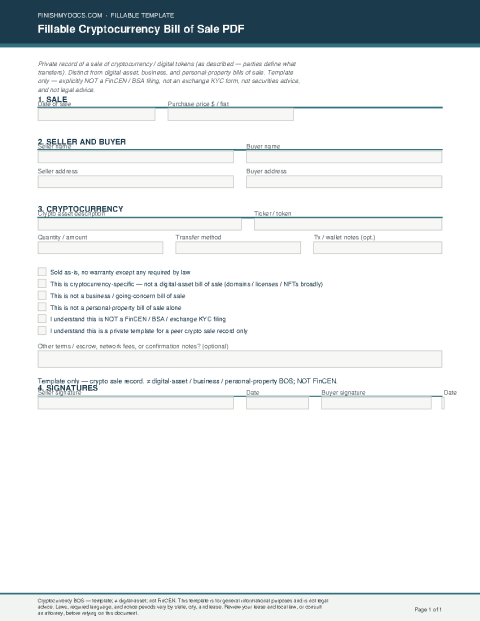 Fillable Cryptocurrency Bill of Sale PDF preview thumbnail