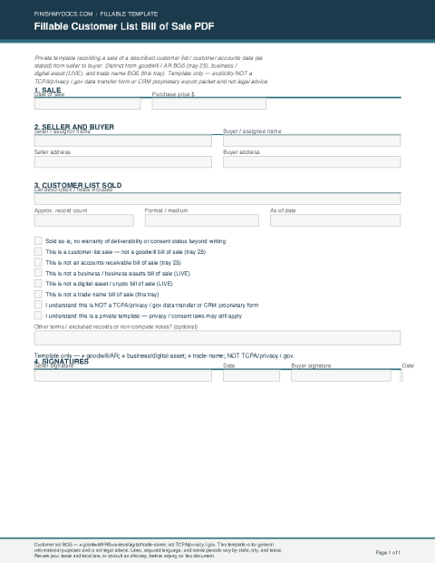 Fillable Customer List Bill of Sale PDF preview thumbnail