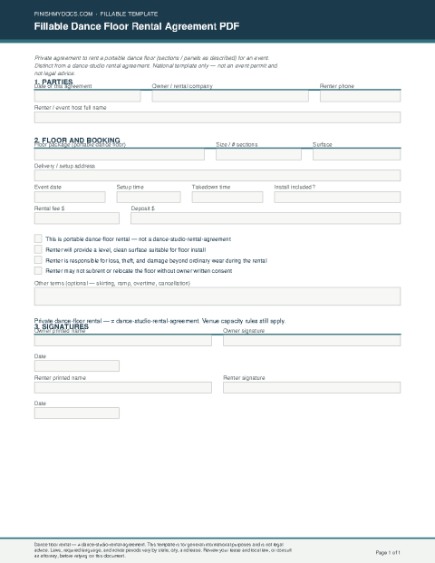 Fillable Dance Floor Rental Agreement PDF preview thumbnail
