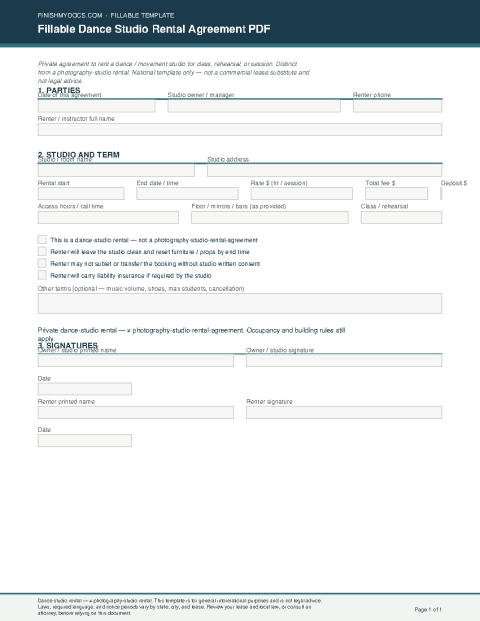 Fillable Dance Studio Rental Agreement PDF preview thumbnail