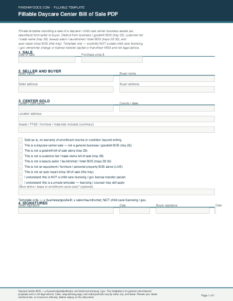 Fillable Daycare Center Bill of Sale PDF preview thumbnail