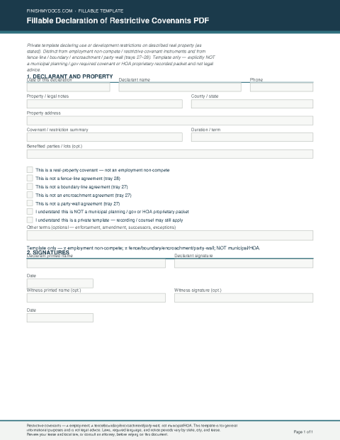 Fillable Declaration of Restrictive Covenants PDF preview thumbnail