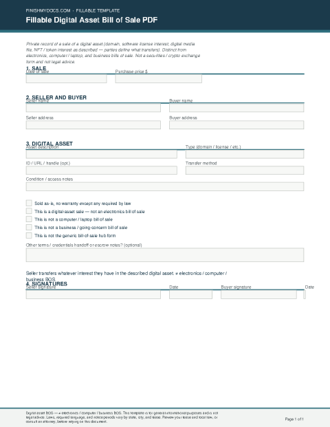 Fillable Digital Asset Bill of Sale PDF preview thumbnail