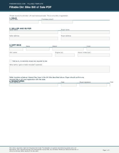 Fillable Dirt Bike Bill of Sale PDF preview thumbnail