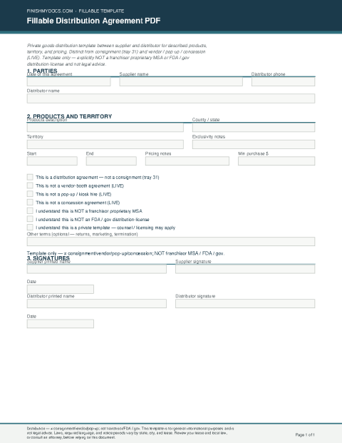 Fillable Distribution Agreement PDF preview thumbnail