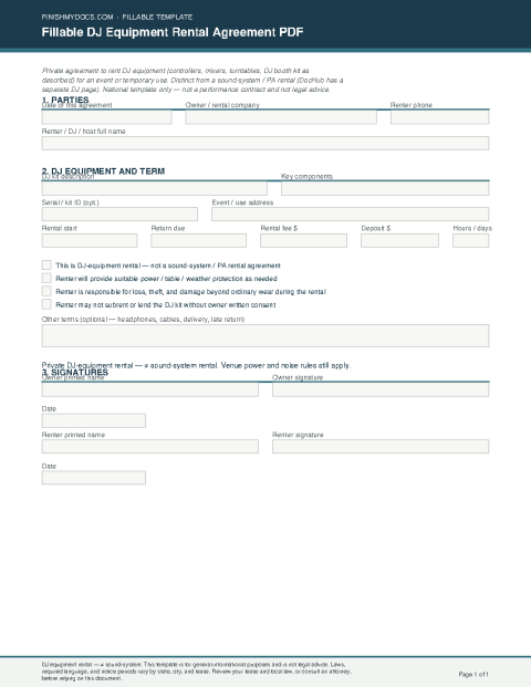 Fillable DJ Equipment Rental Agreement PDF preview thumbnail