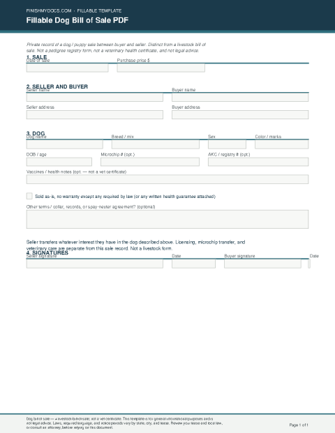 Fillable Dog Bill of Sale PDF preview thumbnail